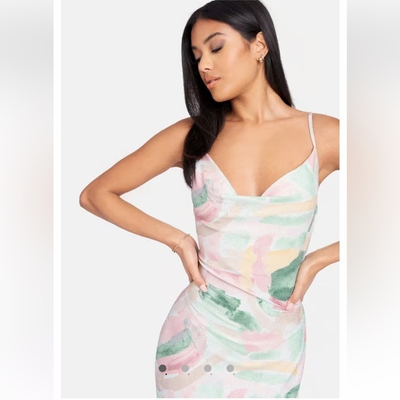 Bebe Watercolor Brush Lurex Gown Shimmery Slip Dress Size Small Party‎ Feminine - Picture 2 of 15